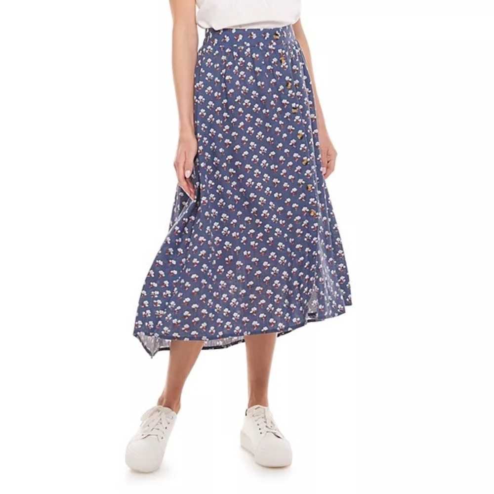 Blue Floral Midi Skirt - Lightweight A-Line